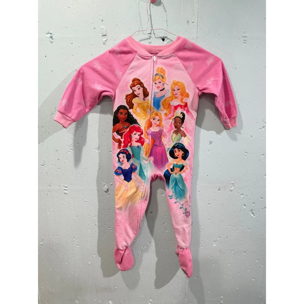 Disney Princess Girls Pink Fleece Footed Pajamas Sleeper 3T Belle Ariel Moana